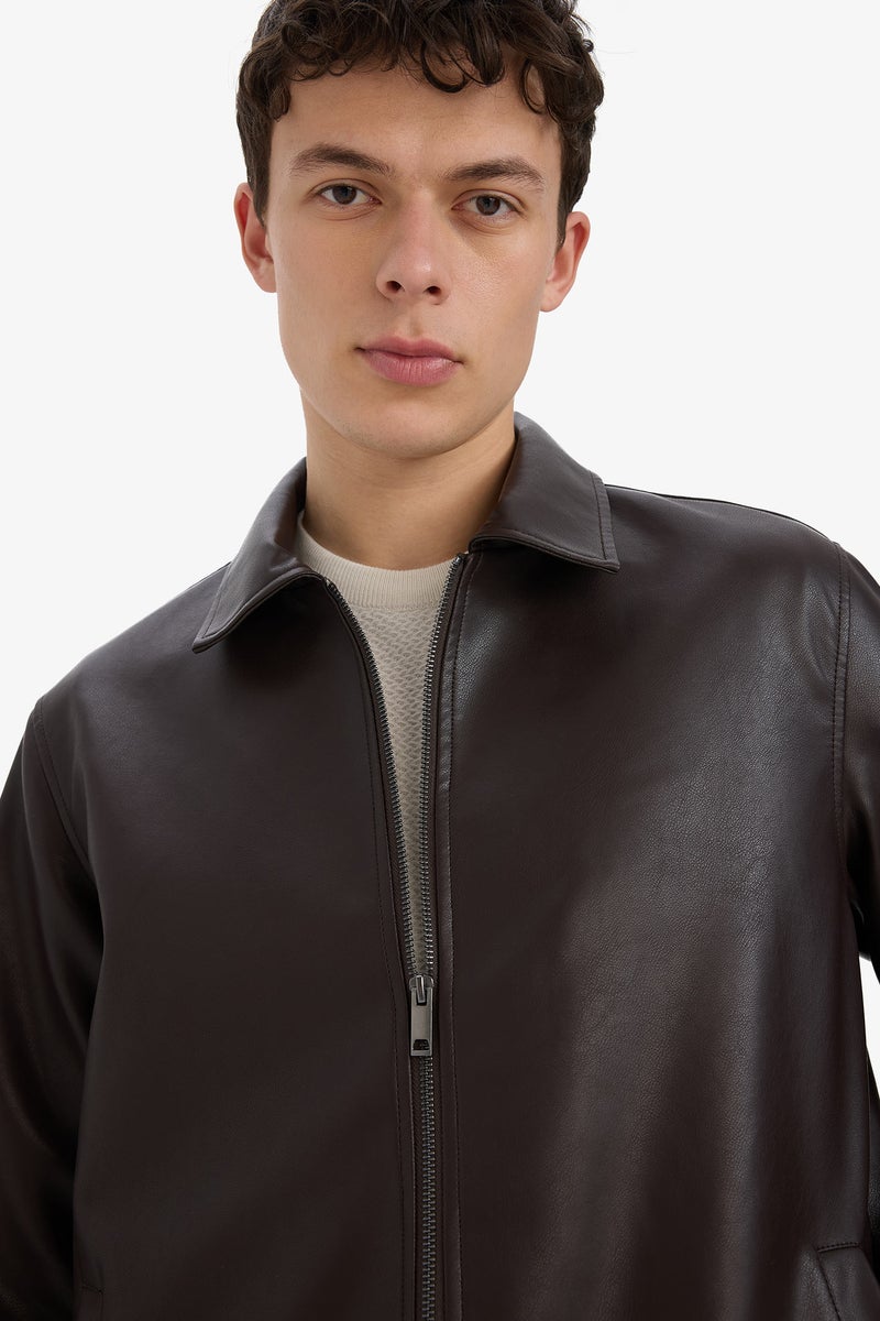 DeFacto Brown Man Regular Fit Shirt Collar Zippered Seasonal Faux Leather Jacket Casual - Image 4